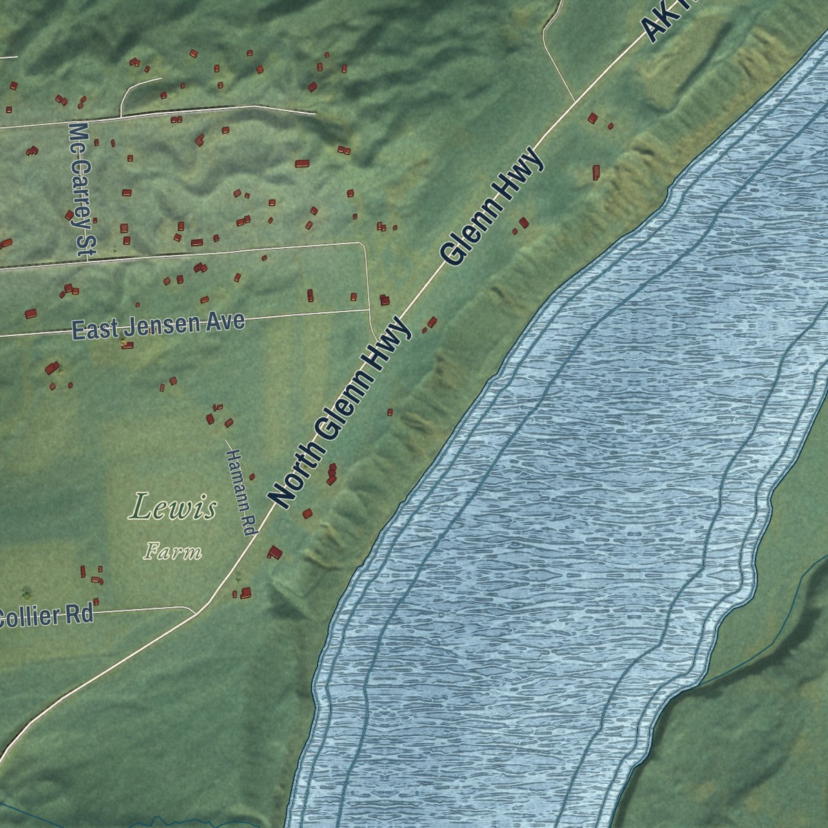 Close-up of the map of Buffalo Soapstone, Alaska print showing street and building detail