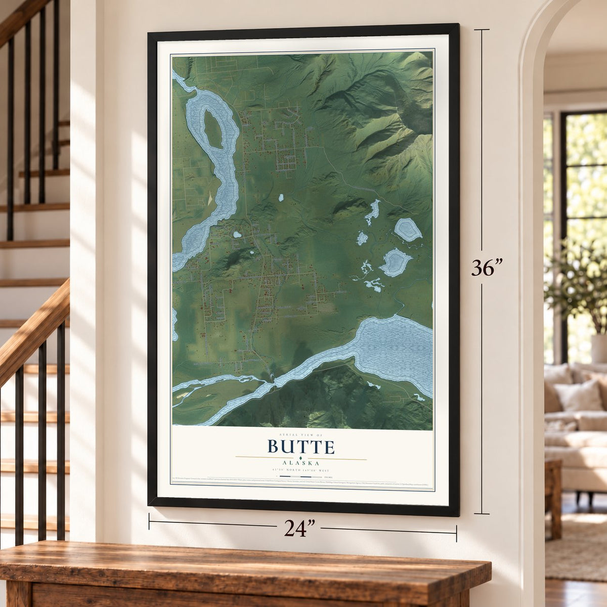 Butte, Alaska map, 24 x 36 inch print in a black frame by a staircase
