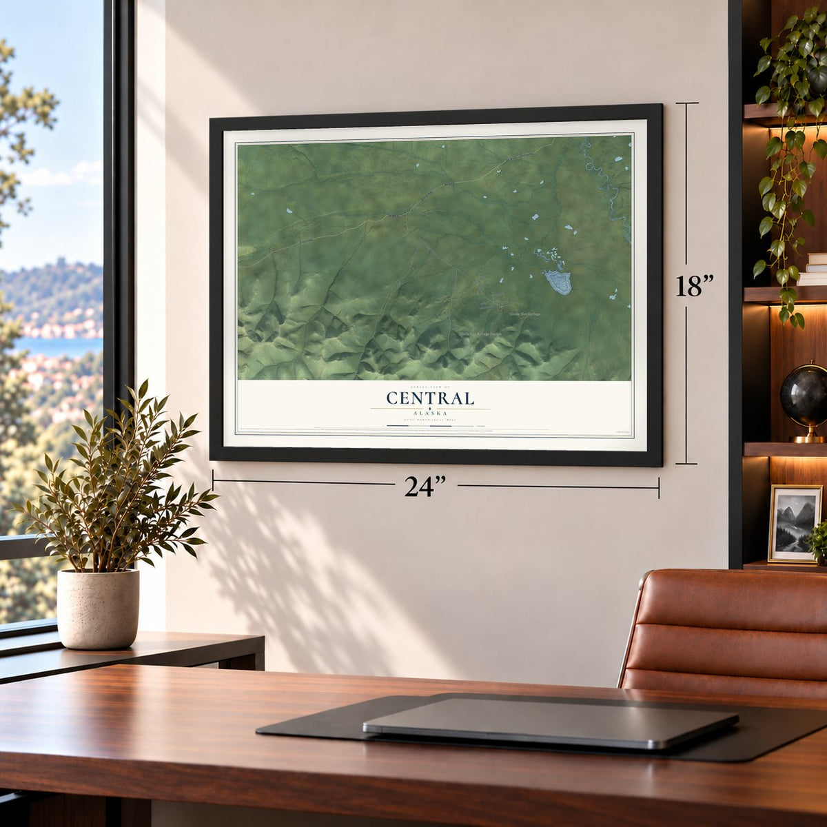 Central, Alaska map, 18 x 24 inch print in a black frame in a home office