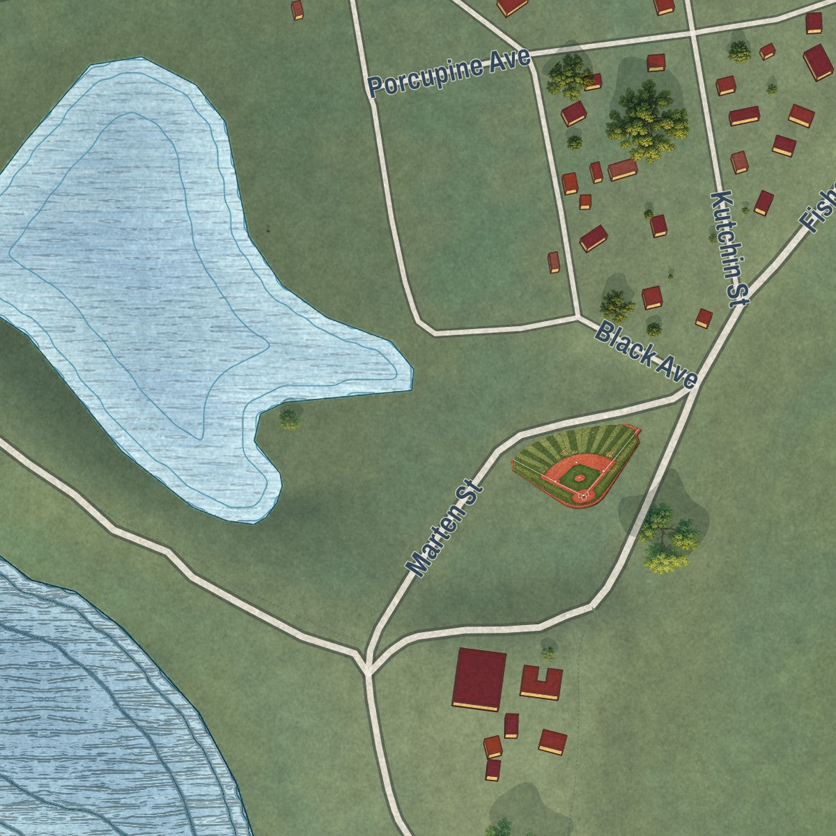 Close-up of the map of Chalkyitsik, Alaska print showing street and building detail
