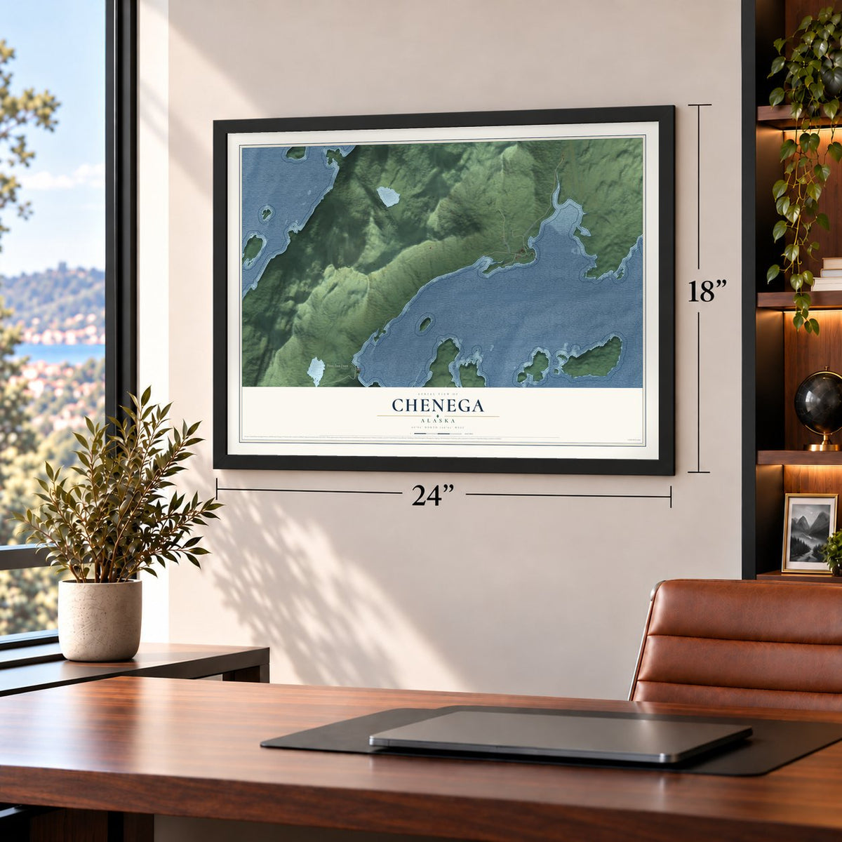 Chenega, Alaska map, 18 x 24 inch print in a black frame in a home office