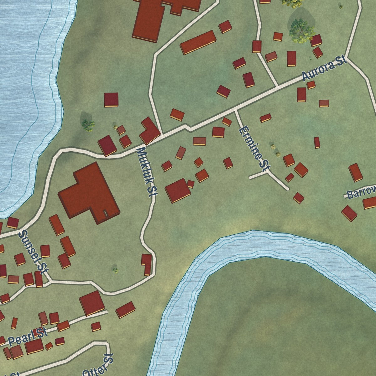 Close-up of the map of Chevak, Alaska print showing street and building detail