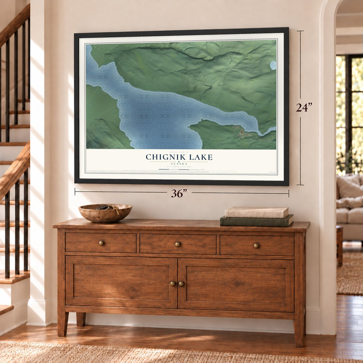 Chignik Lake, Alaska map, 24 x 36 inch print in a black frame above a dresser by a staircase