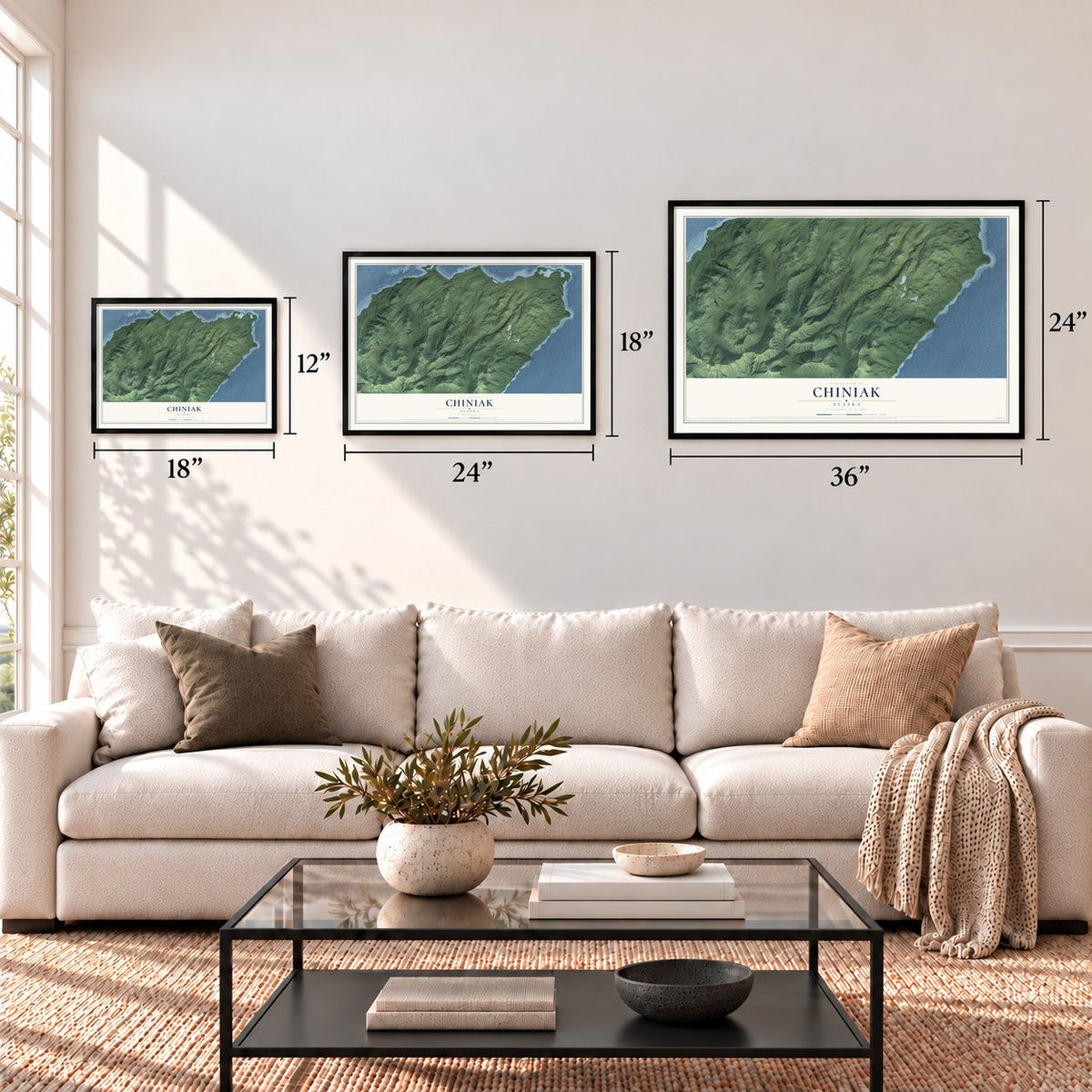 Chiniak, Alaska map in 12 x 18, 18 x 24 and 24 x 36 inch sizes above a sofa