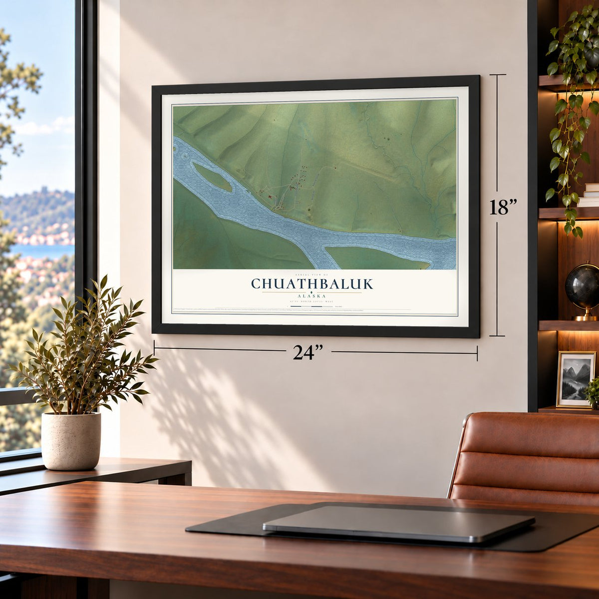 Chuathbaluk, Alaska map, 18 x 24 inch print in a black frame in a home office