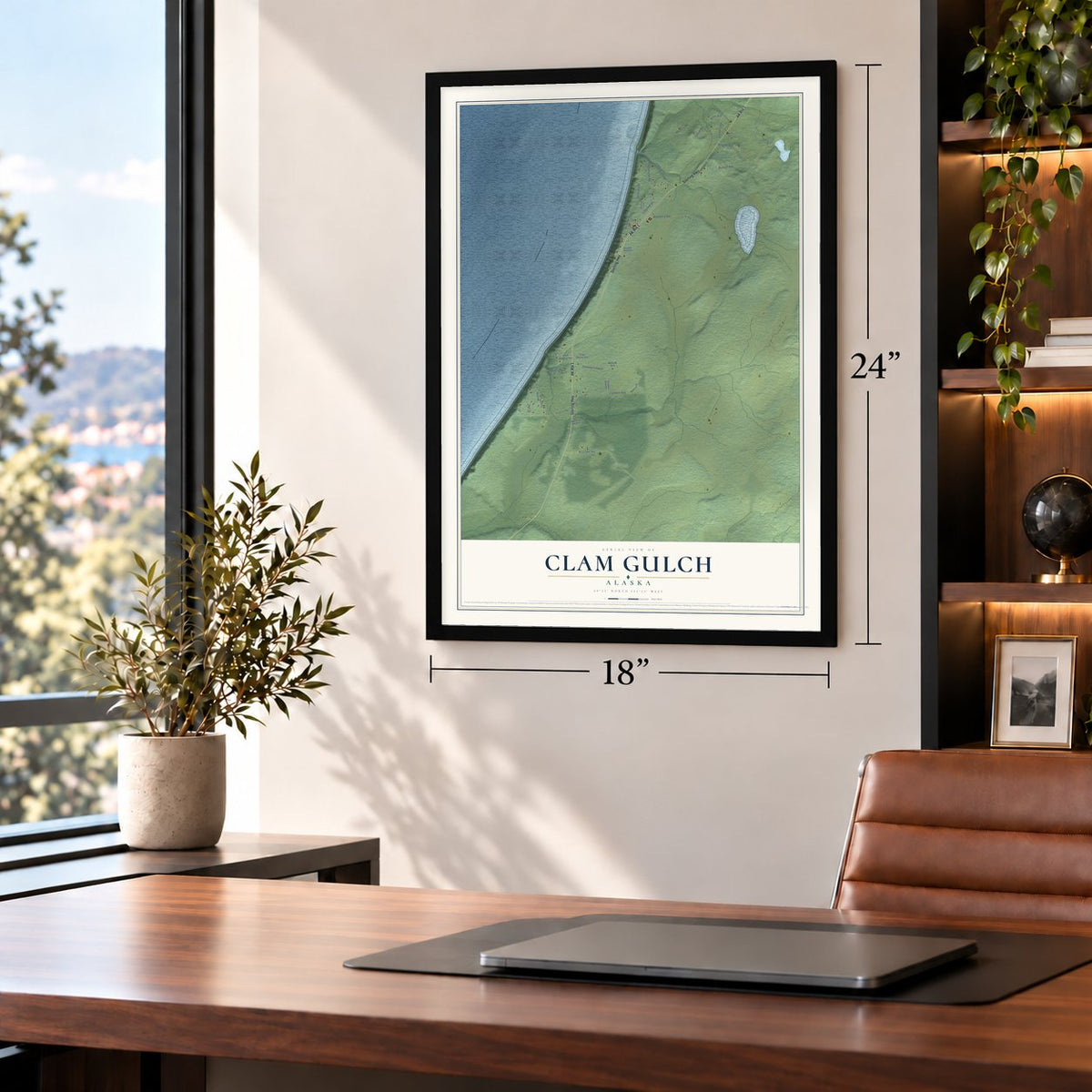 Clam Gulch, Alaska map, 18 x 24 inch print in a black frame in a home office