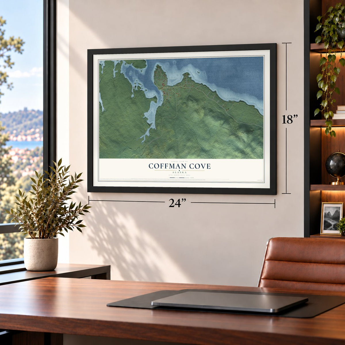 Coffman Cove, Alaska map, 18 x 24 inch print in a black frame in a home office