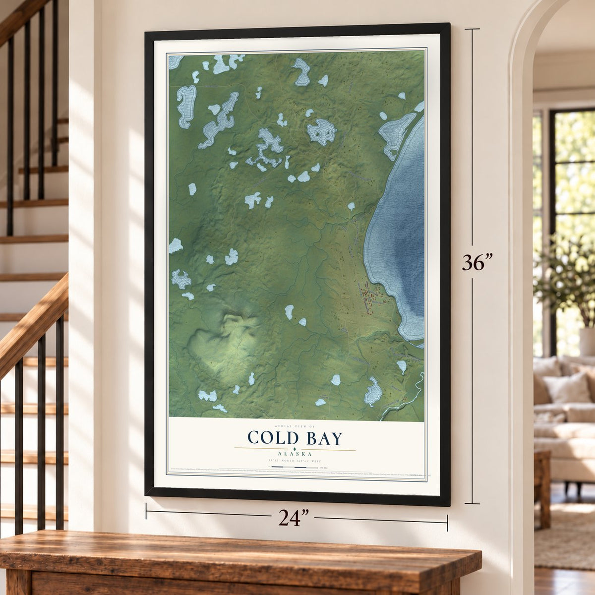 Cold Bay, Alaska map, 24 x 36 inch print in a black frame by a staircase