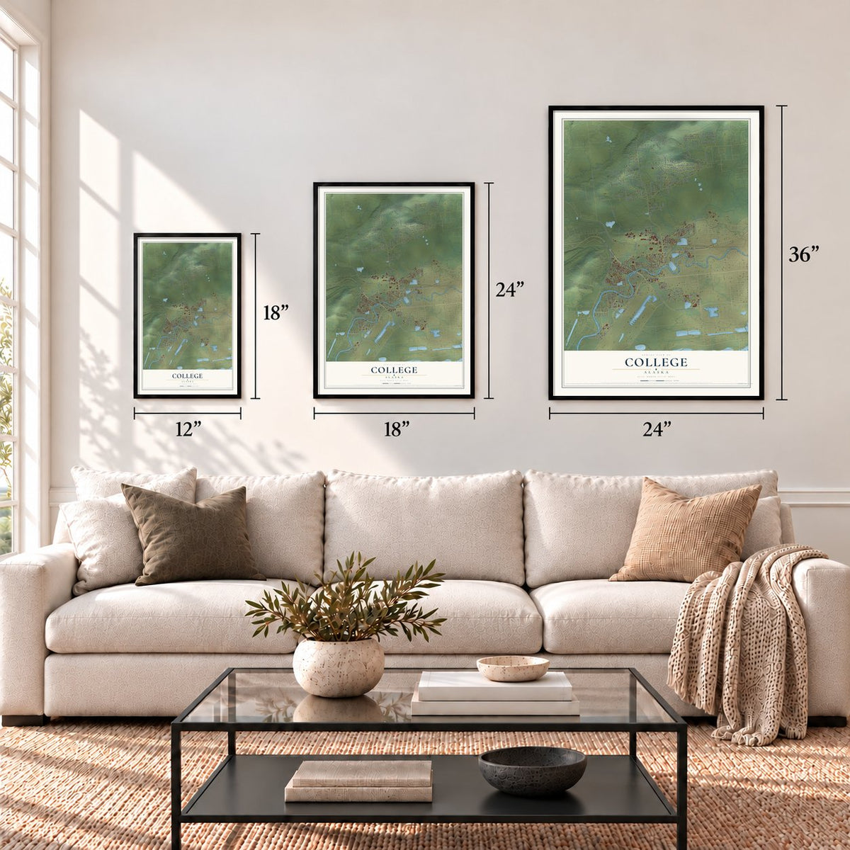 College, Alaska map in 12 x 18, 18 x 24 and 24 x 36 inch sizes above a sofa