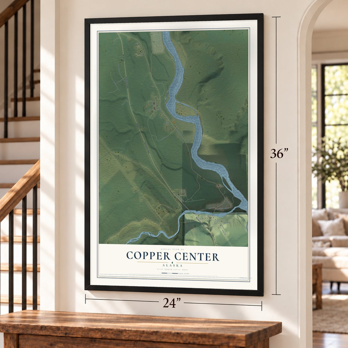 Copper Center, Alaska map, 24 x 36 inch print in a black frame by a staircase