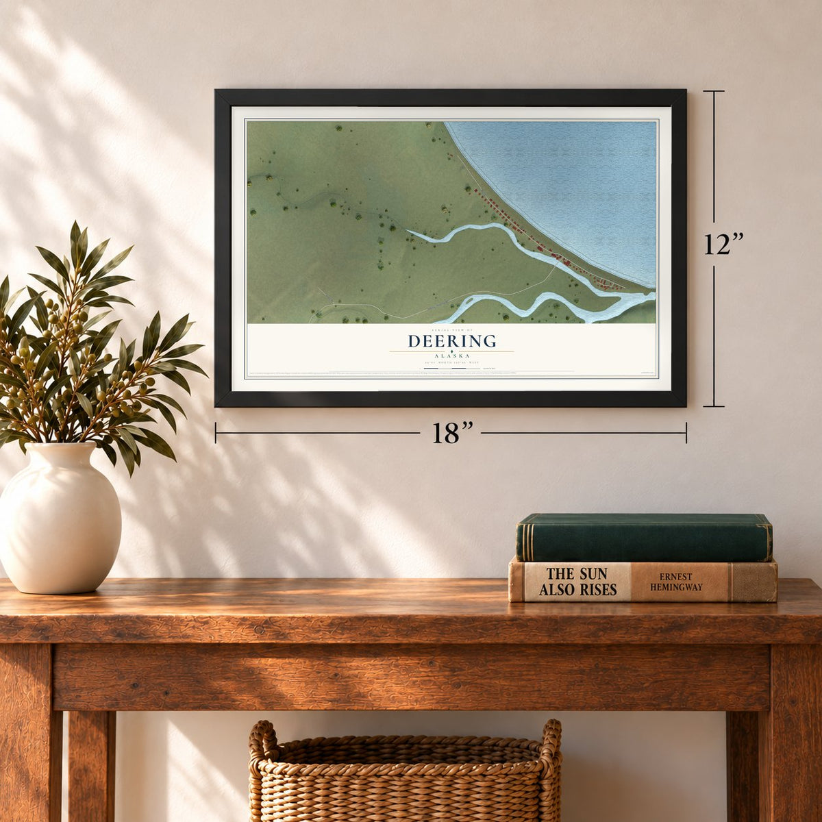 Deering, Alaska map, 12 x 18 inch print in a black frame in an entryway