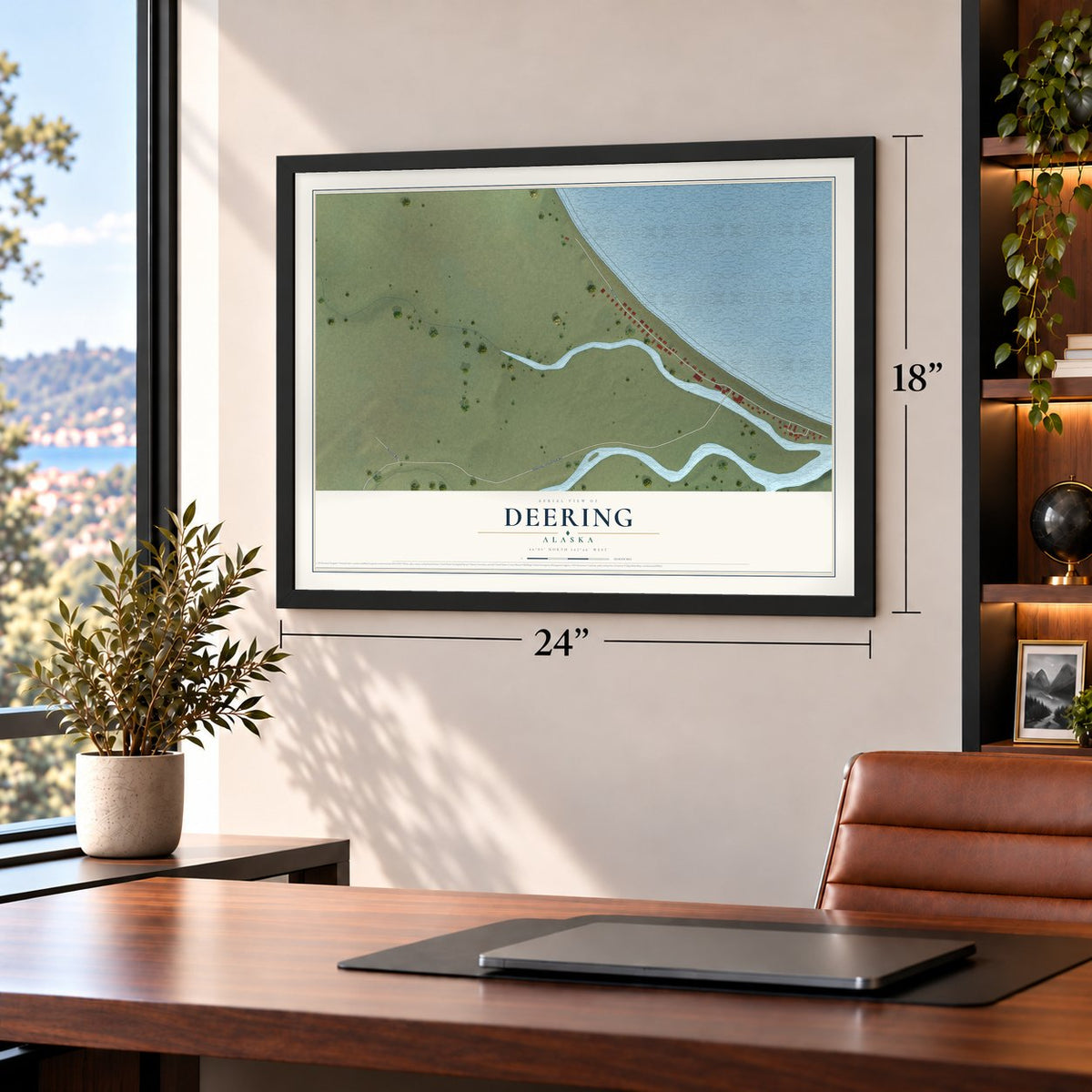Deering, Alaska map, 18 x 24 inch print in a black frame in a home office