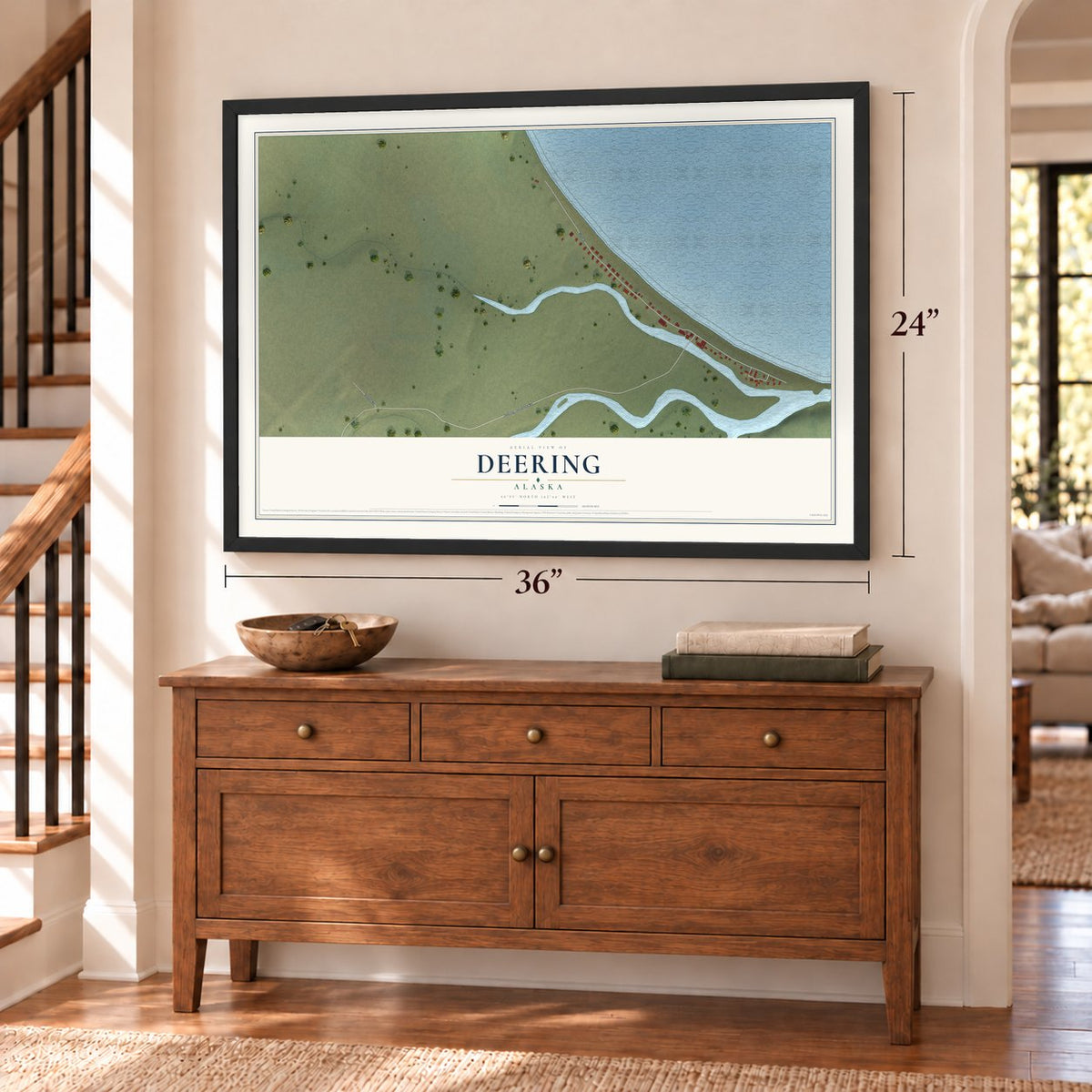 Deering, Alaska map, 24 x 36 inch print in a black frame above a dresser by a staircase