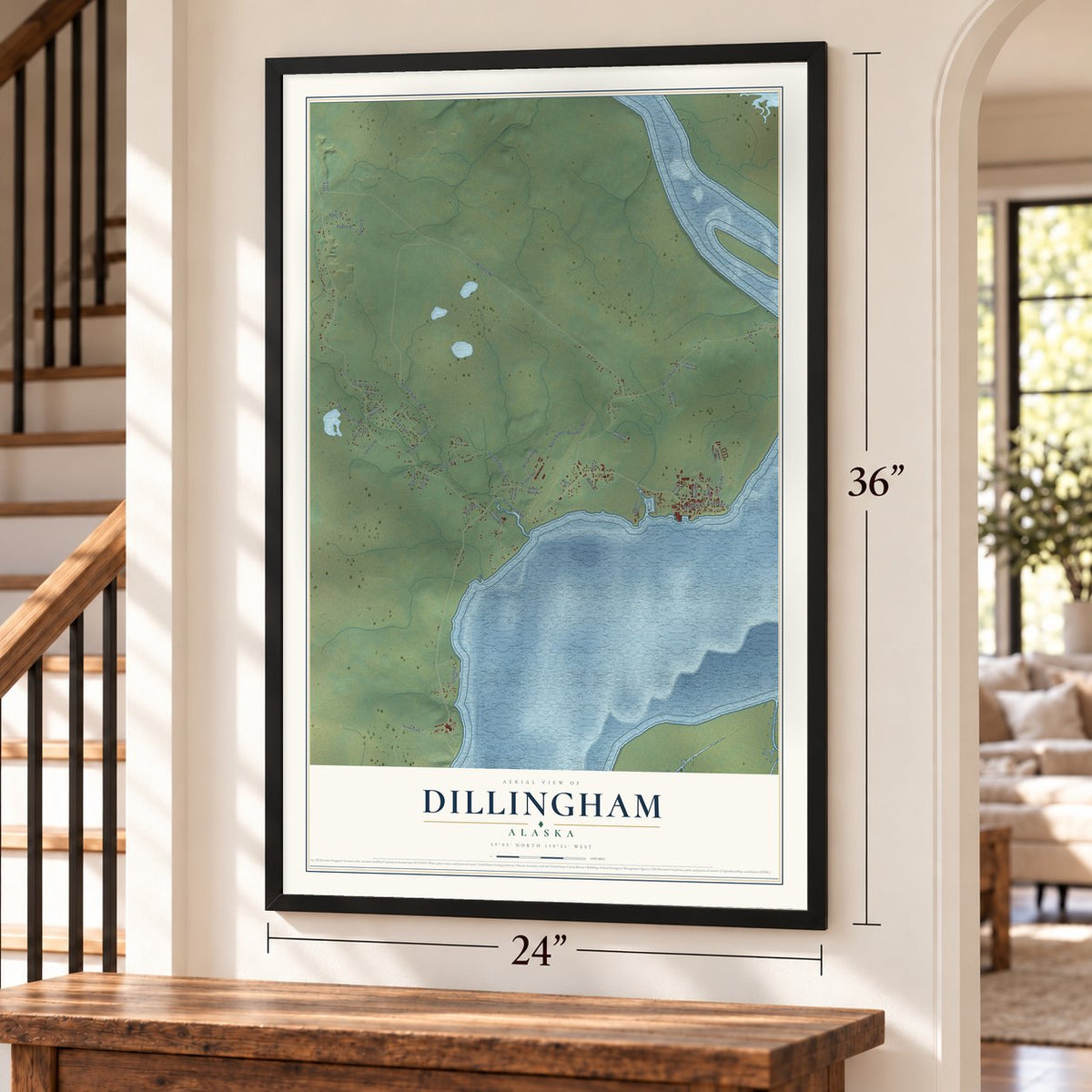 Dillingham, Alaska map, 24 x 36 inch print in a black frame by a staircase
