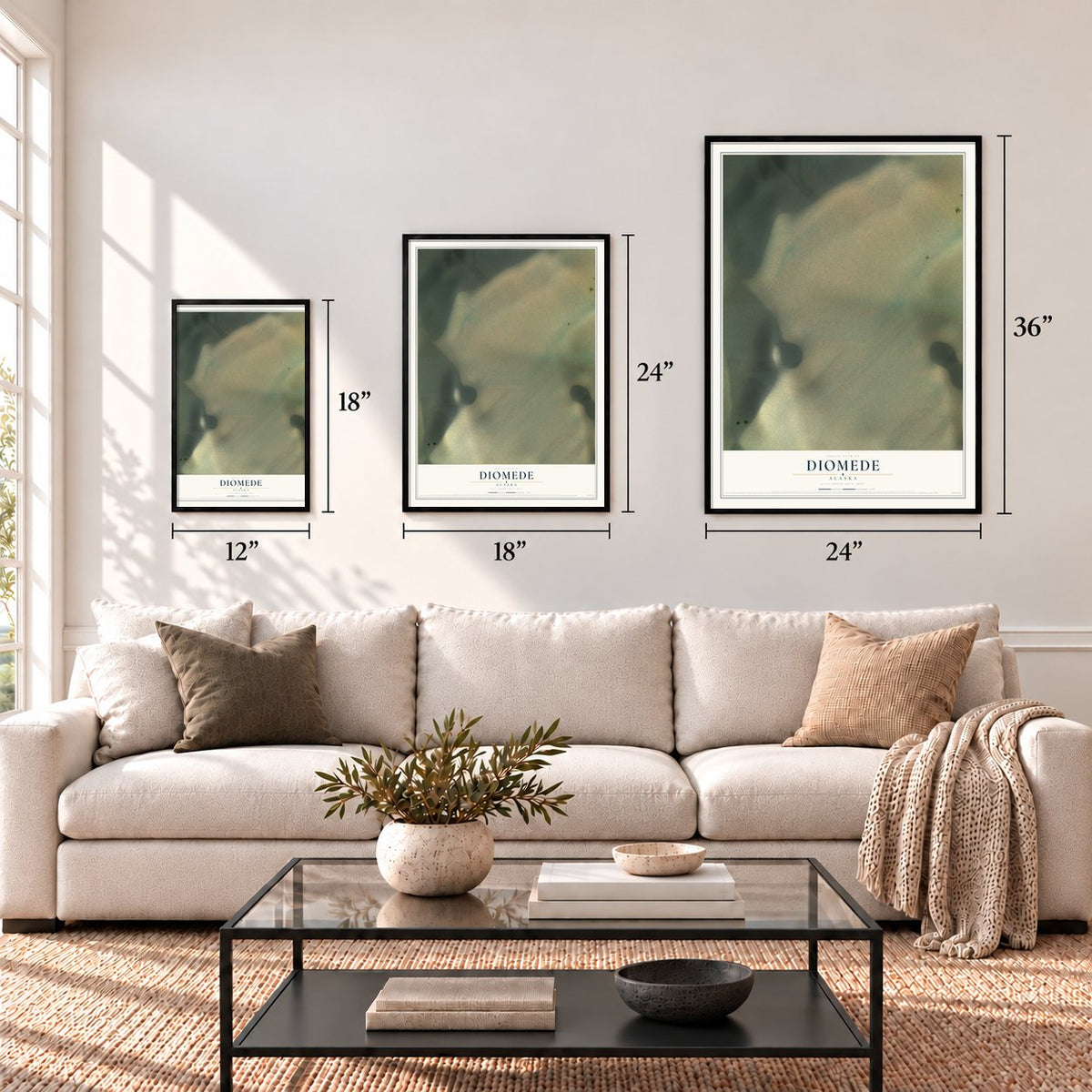 Diomede, Alaska map in 12 x 18, 18 x 24 and 24 x 36 inch sizes above a sofa