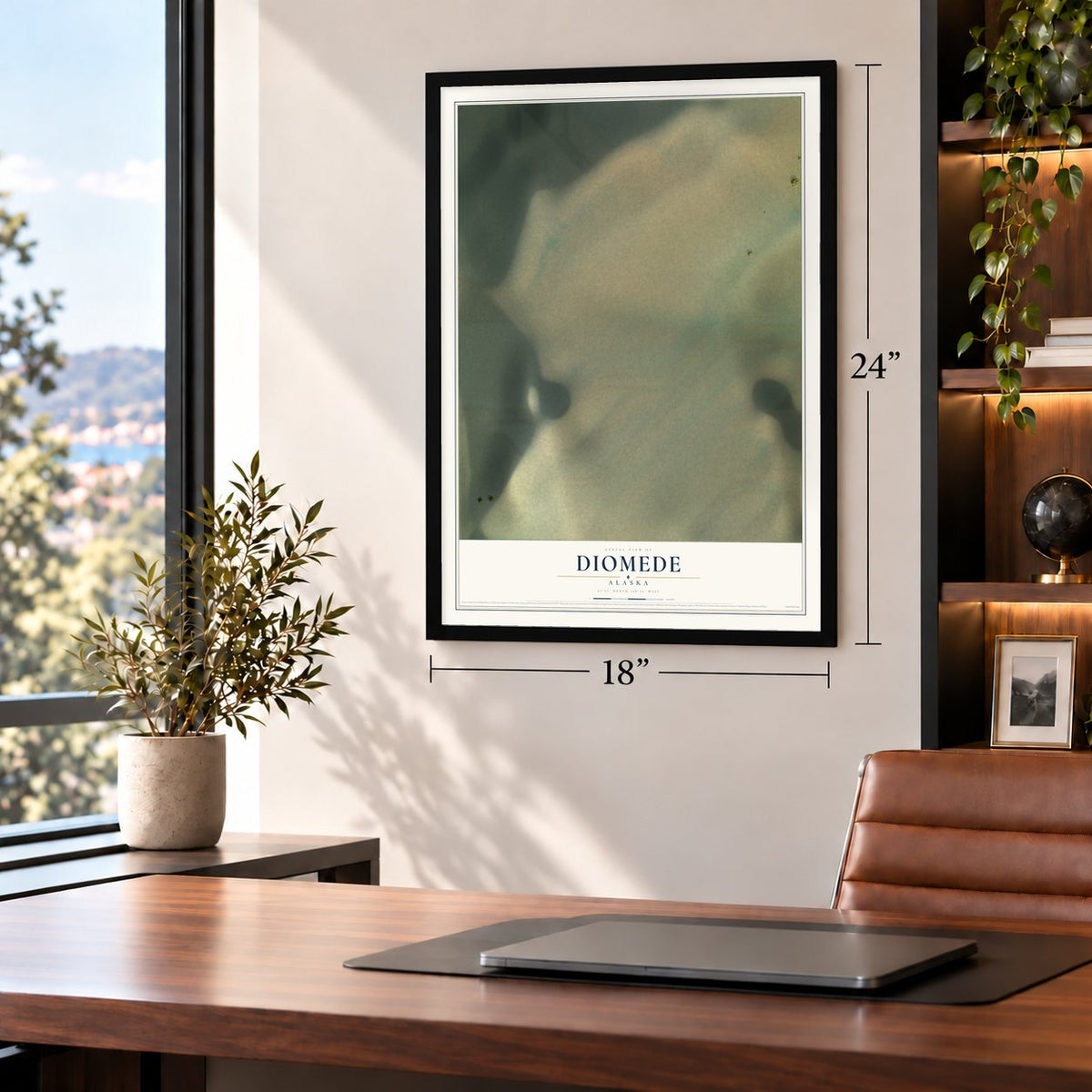 Diomede, Alaska map, 18 x 24 inch print in a black frame in a home office