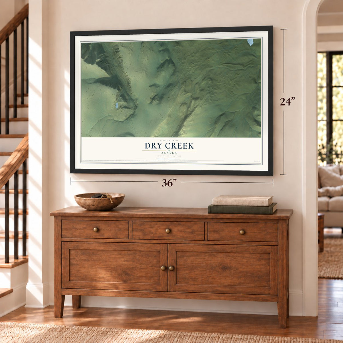 Dry Creek, Alaska map, 24 x 36 inch print in a black frame above a dresser by a staircase