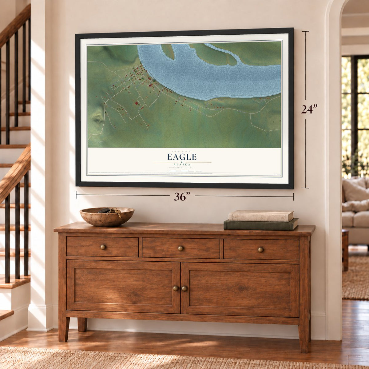 Eagle, Alaska map, 24 x 36 inch print in a black frame above a dresser by a staircase
