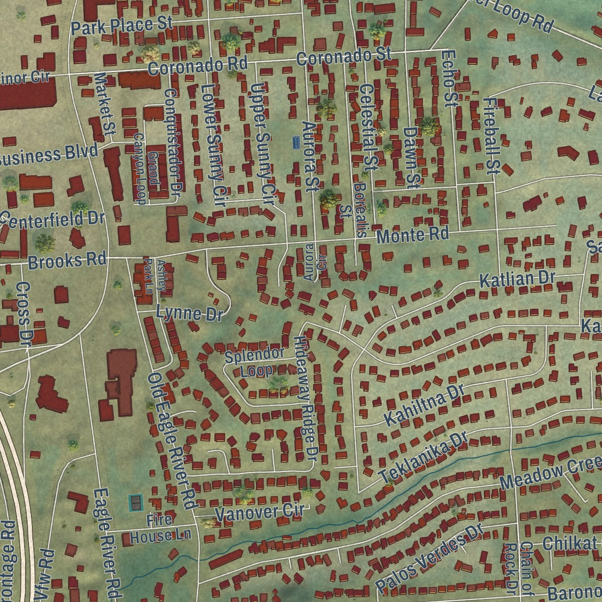 Close-up of the map of Eagle River, Alaska print showing street and building detail