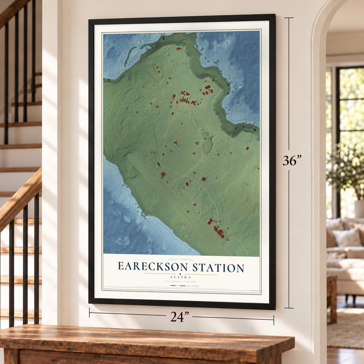 Eareckson Station, Alaska map, 24 x 36 inch print in a black frame by a staircase