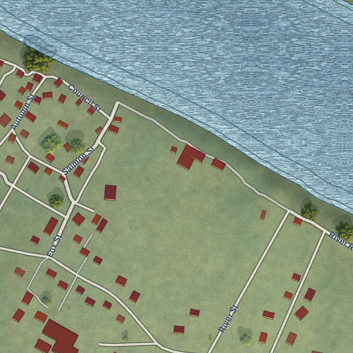 Close-up of the map of Eek, Alaska print showing street and building detail