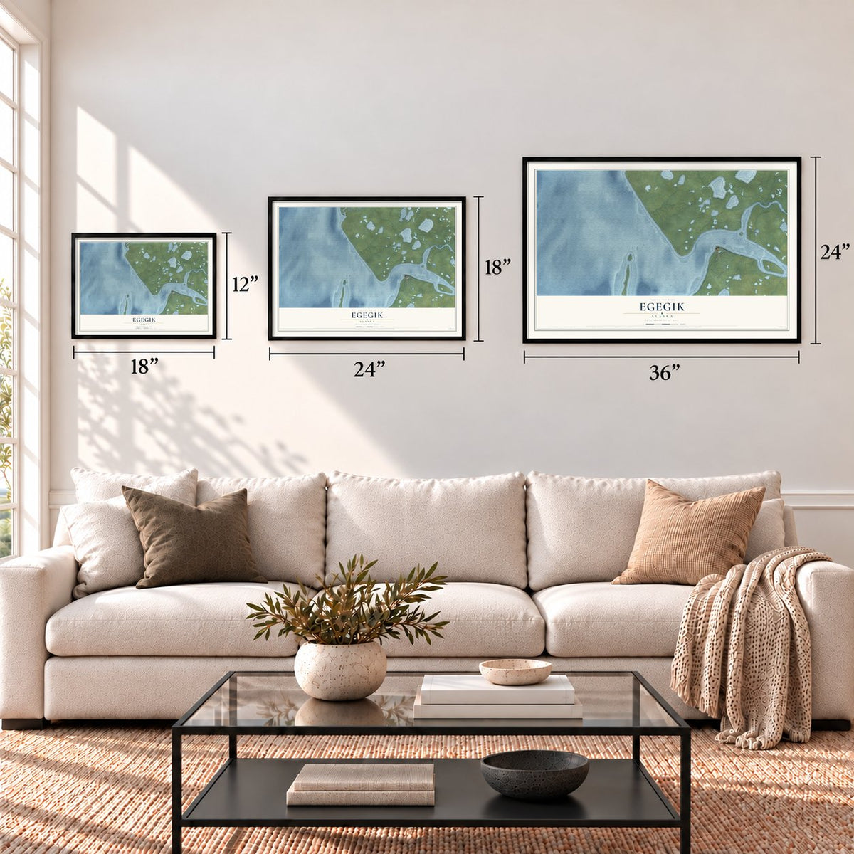 Egegik, Alaska map in 12 x 18, 18 x 24 and 24 x 36 inch sizes above a sofa