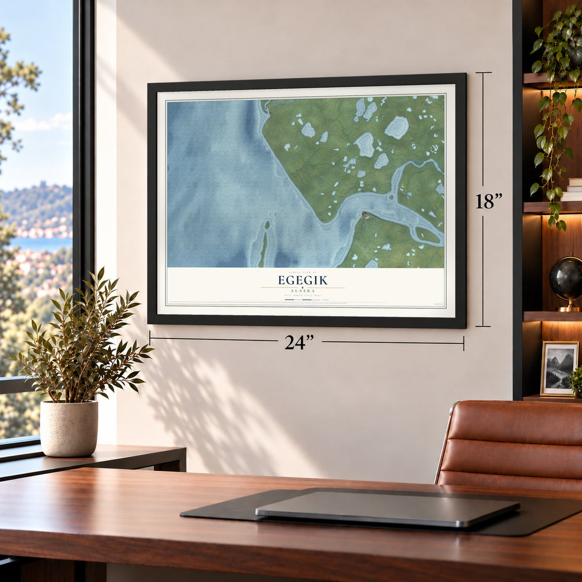 Egegik, Alaska map, 18 x 24 inch print in a black frame in a home office