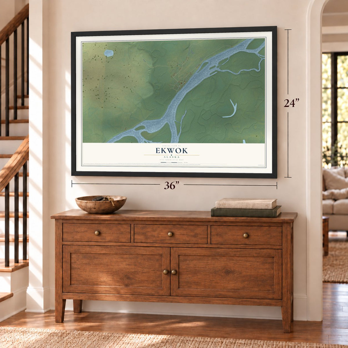 Ekwok, Alaska map, 24 x 36 inch print in a black frame above a dresser by a staircase