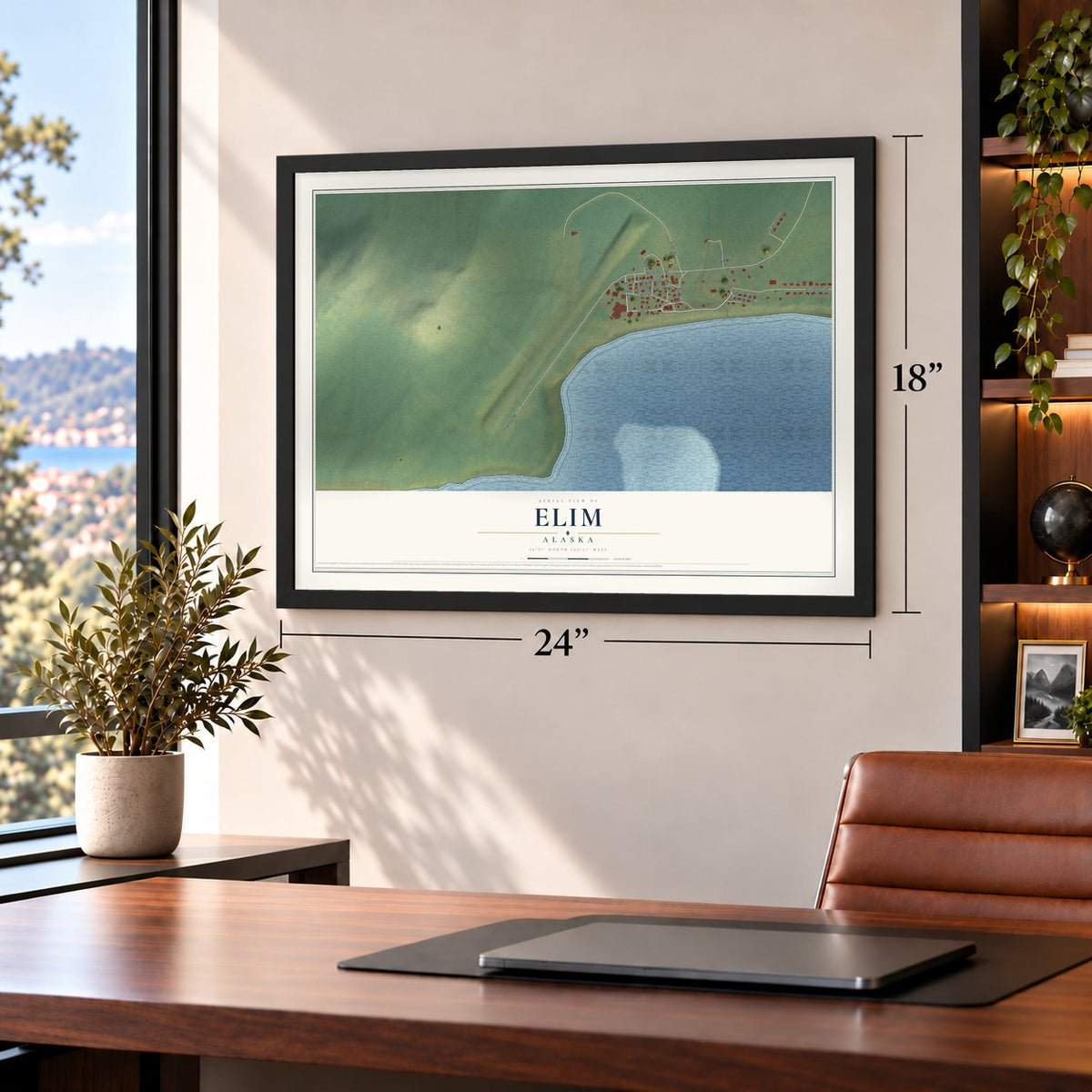 Elim, Alaska map, 18 x 24 inch print in a black frame in a home office