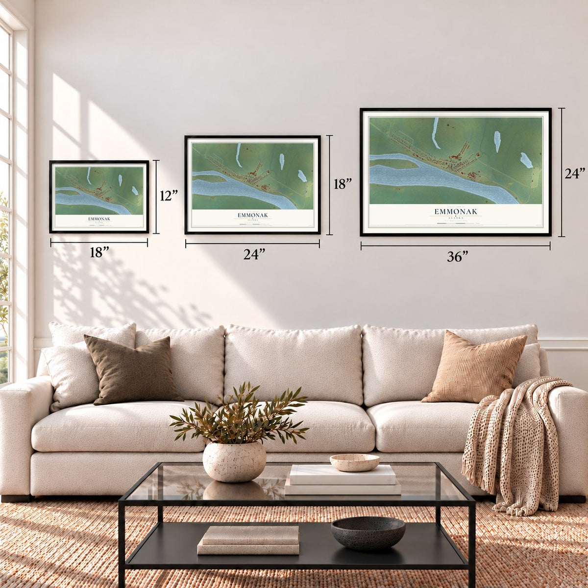 Emmonak, Alaska map in 12 x 18, 18 x 24 and 24 x 36 inch sizes above a sofa