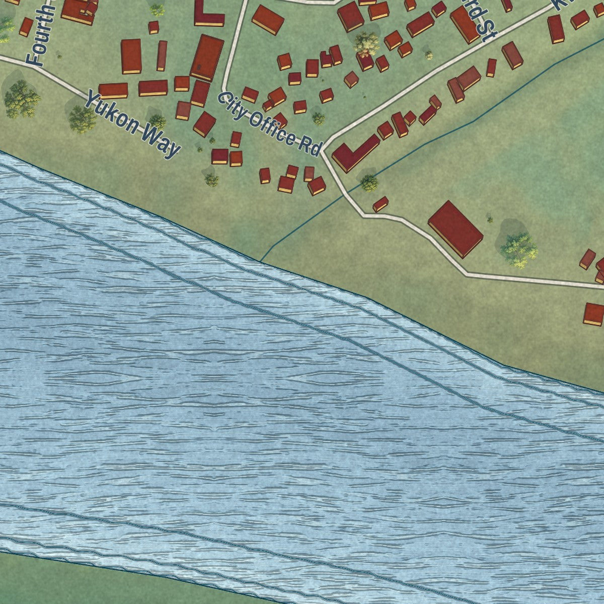 Close-up of the map of Emmonak, Alaska print showing street and building detail