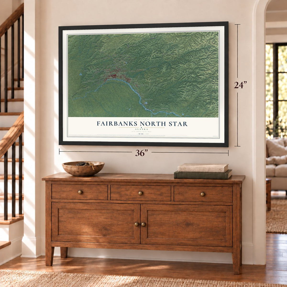 Fairbanks North Star, Alaska map, 24 x 36 inch print in a black frame above a dresser by a staircase