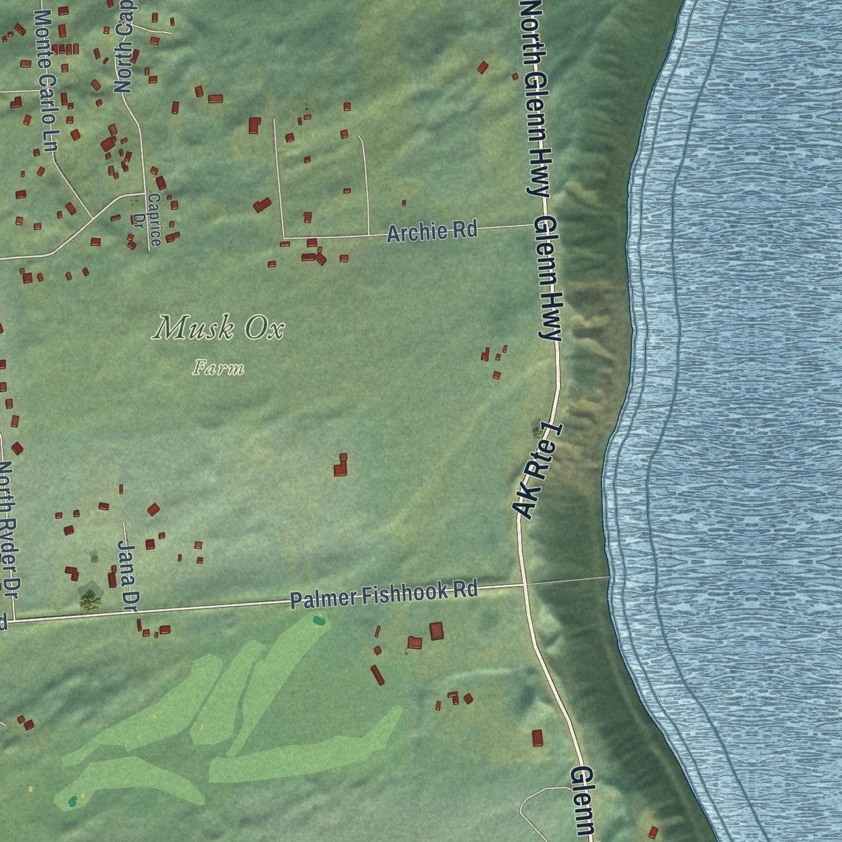 Close-up of the map of Farm Loop, Alaska print showing street and building detail