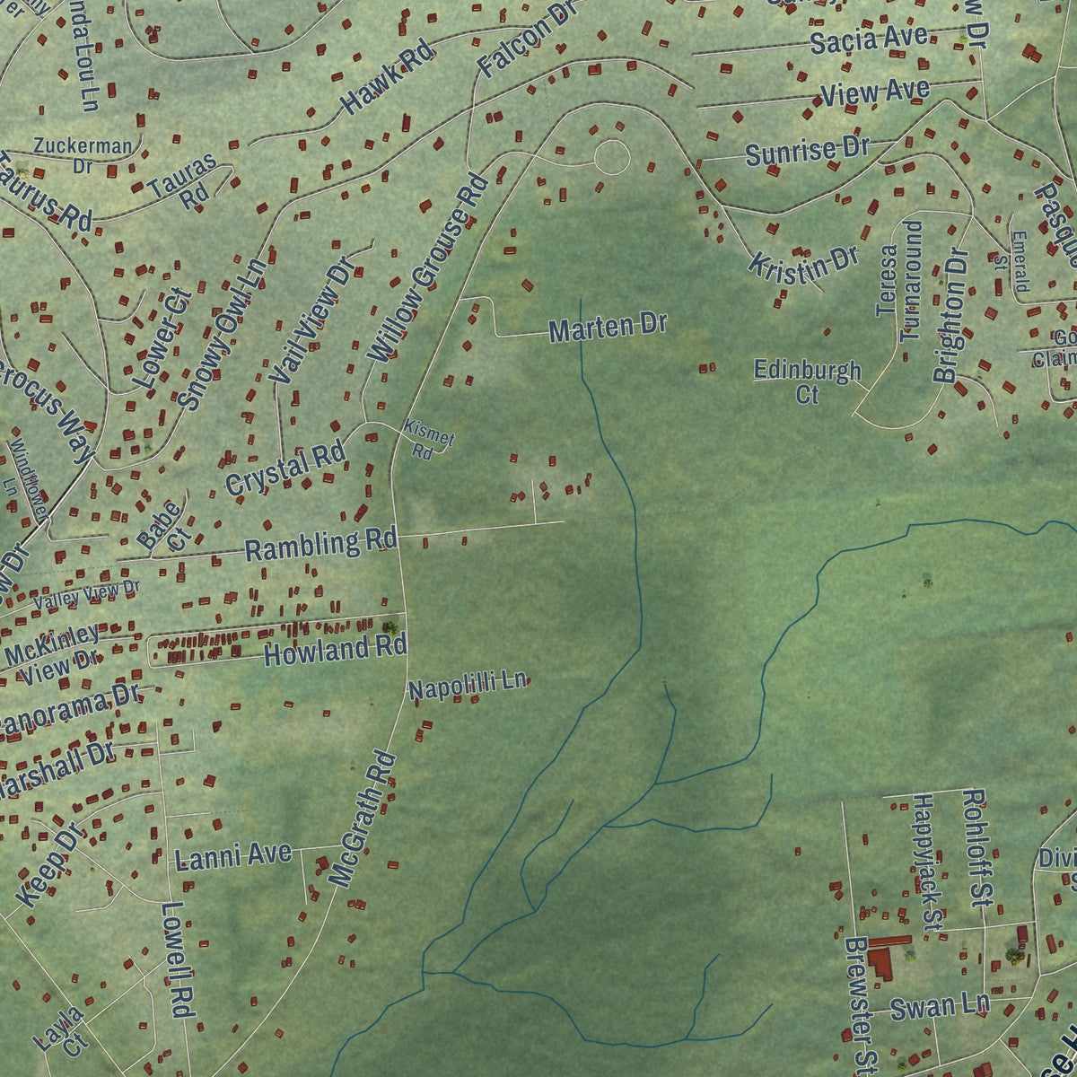 Close-up of the map of Farmers Loop, Alaska print showing street and building detail