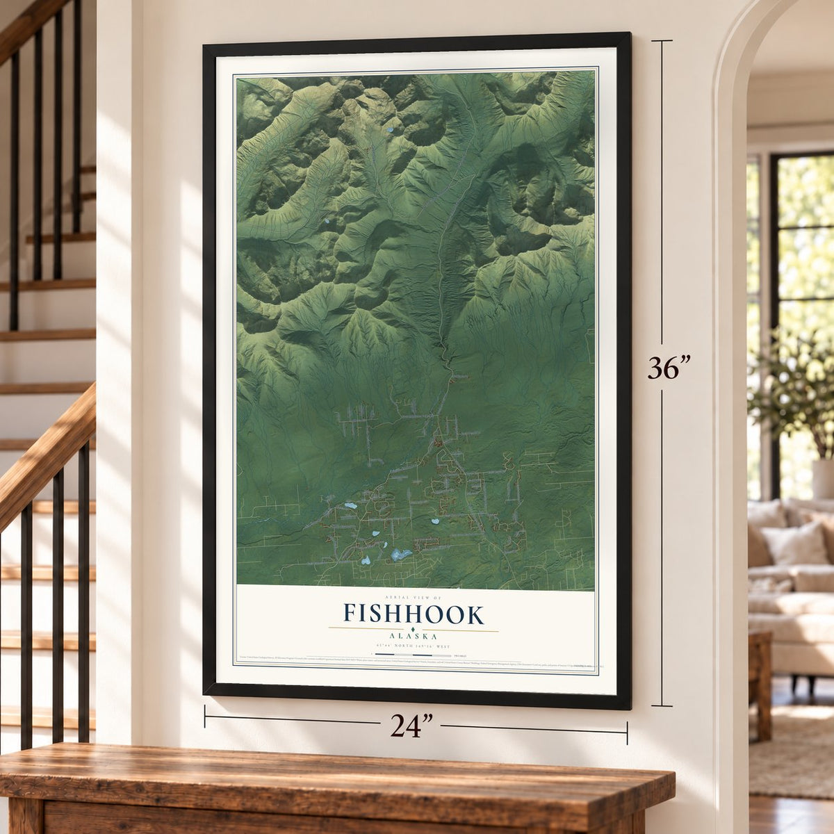 Fishhook, Alaska map, 24 x 36 inch print in a black frame by a staircase