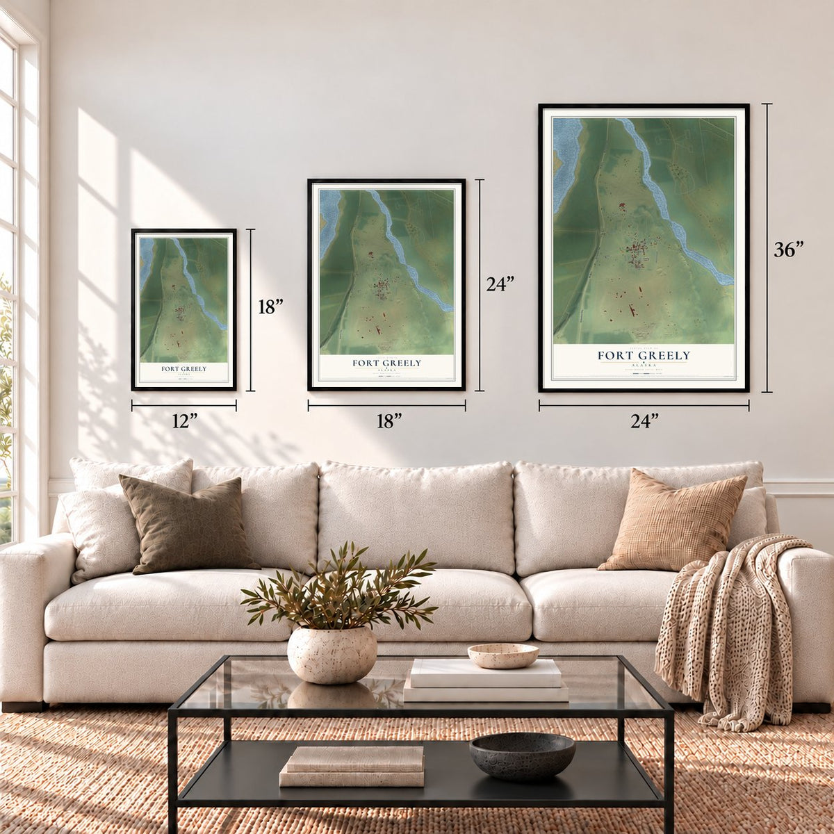 Fort Greely, Alaska map in 12 x 18, 18 x 24 and 24 x 36 inch sizes above a sofa