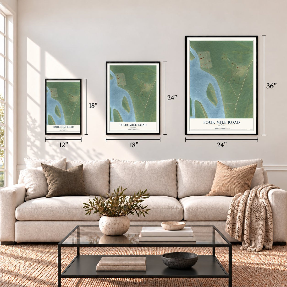 Four Mile Road, Alaska map in 12 x 18, 18 x 24 and 24 x 36 inch sizes above a sofa
