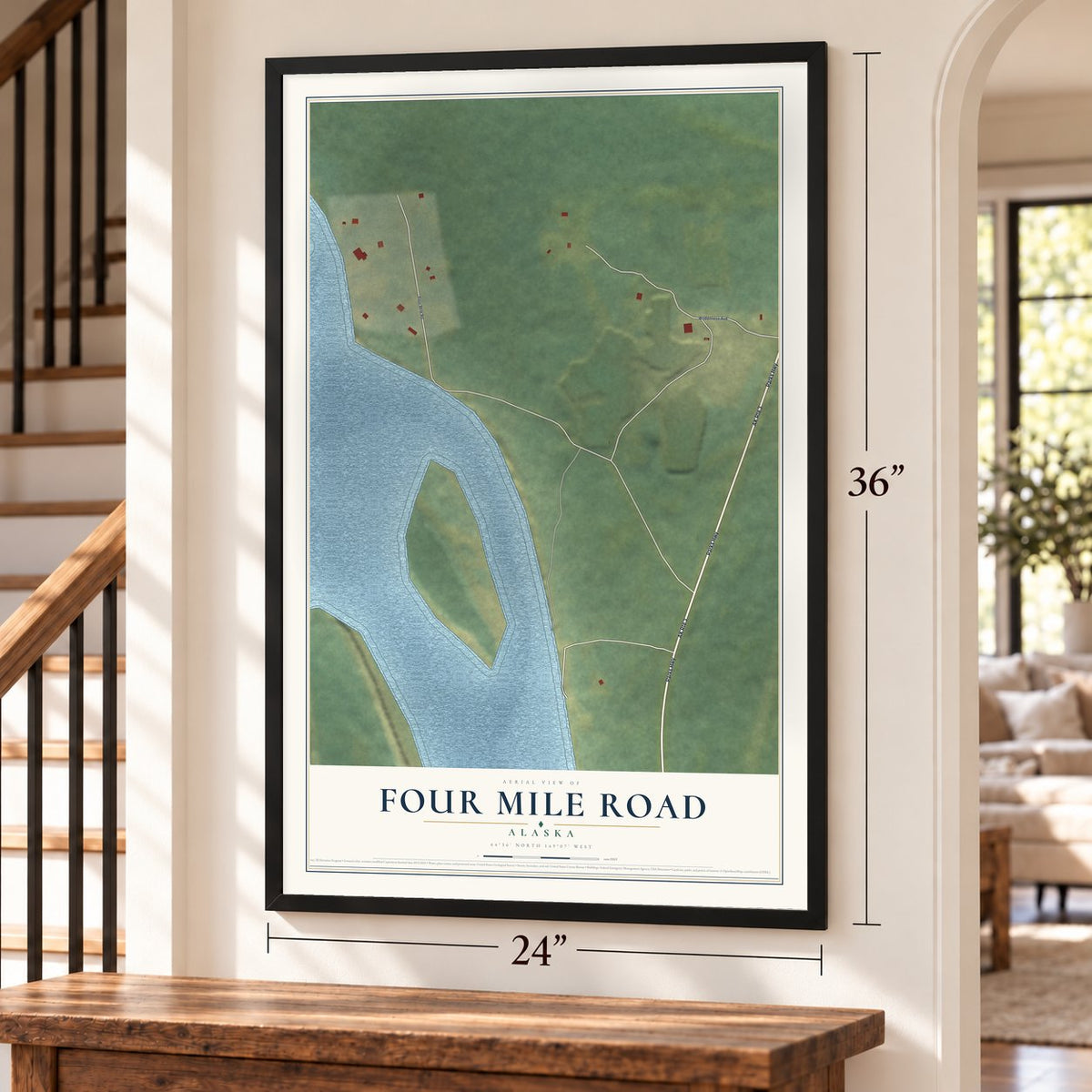 Four Mile Road, Alaska map, 24 x 36 inch print in a black frame by a staircase