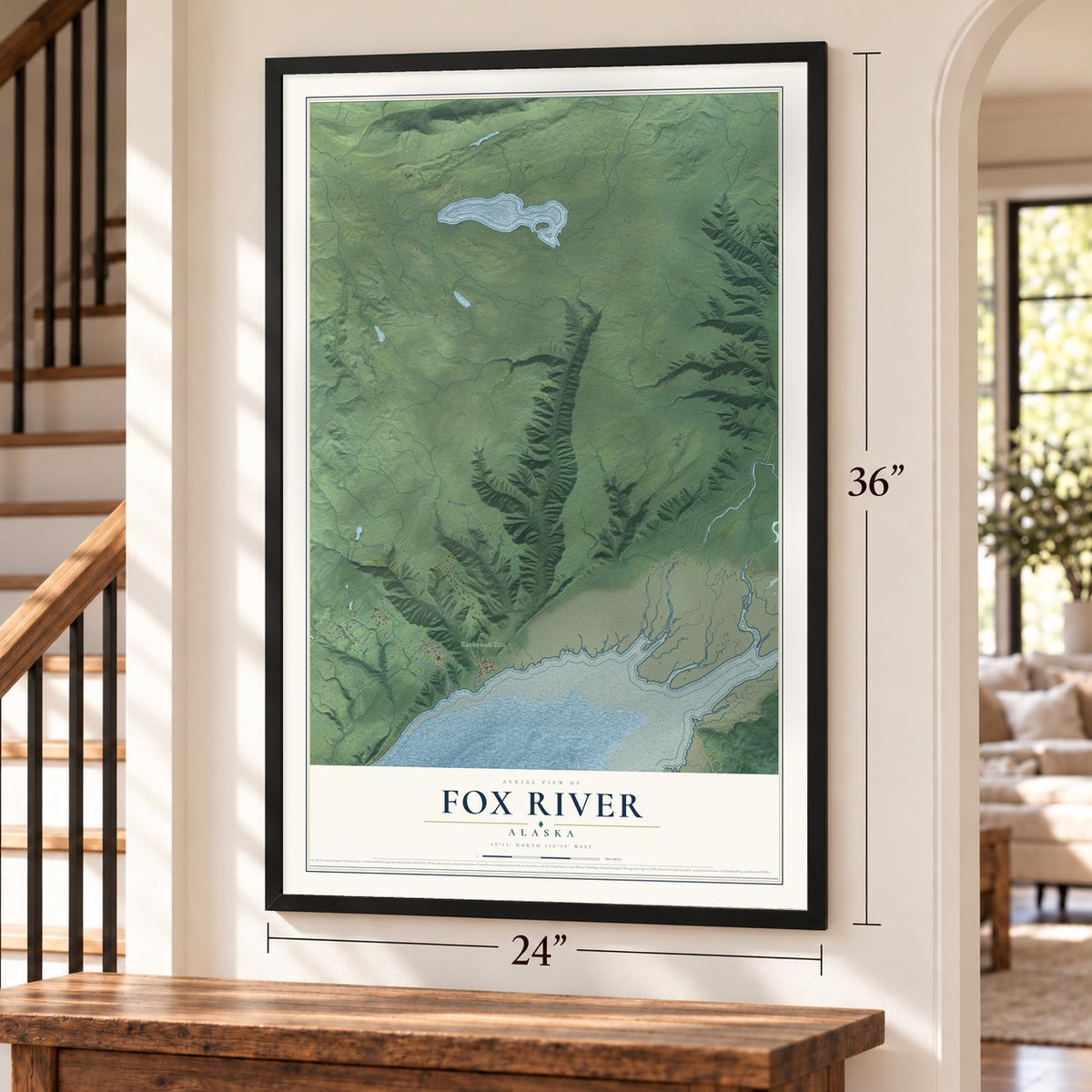 Fox River, Alaska map, 24 x 36 inch print in a black frame by a staircase