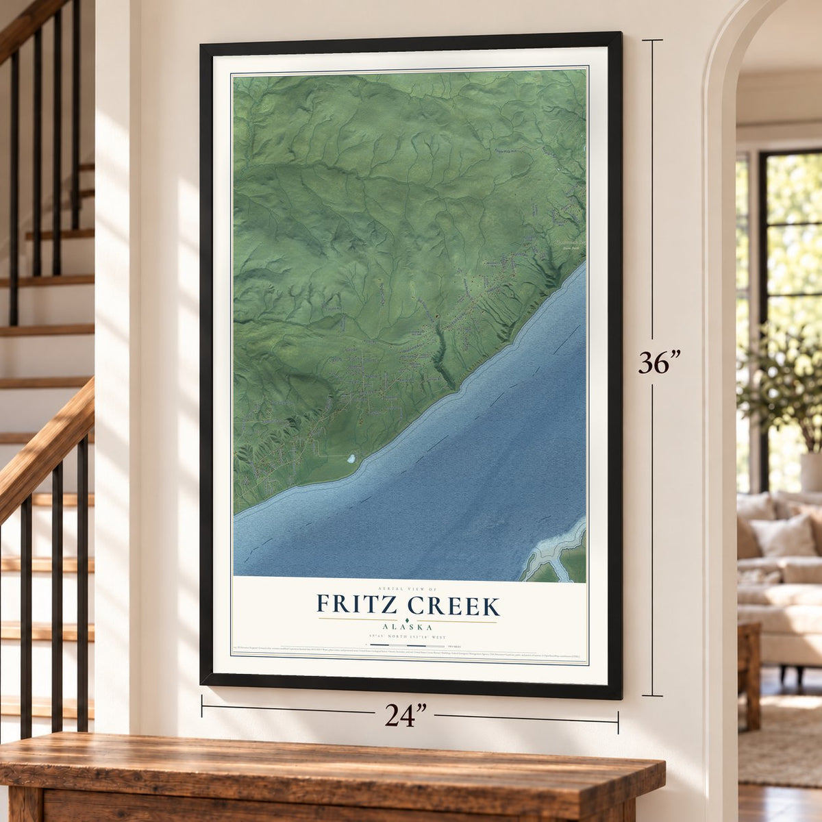 Fritz Creek, Alaska map, 24 x 36 inch print in a black frame by a staircase