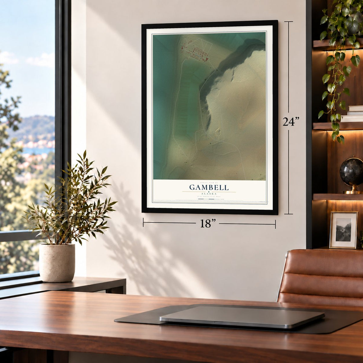 Gambell, Alaska map, 18 x 24 inch print in a black frame in a home office