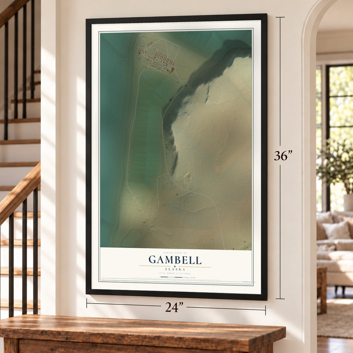 Gambell, Alaska map, 24 x 36 inch print in a black frame by a staircase