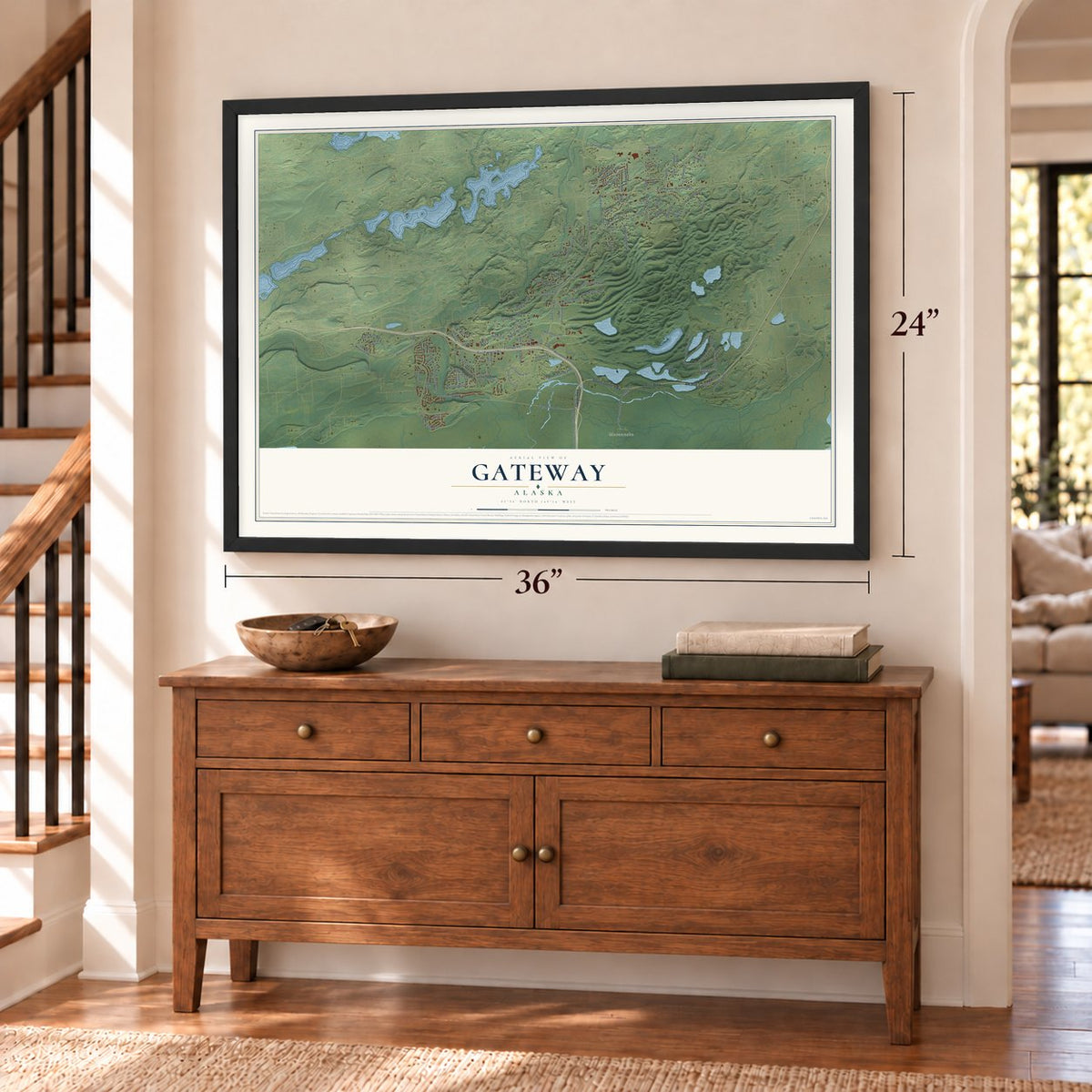 Gateway, Alaska map, 24 x 36 inch print in a black frame above a dresser by a staircase