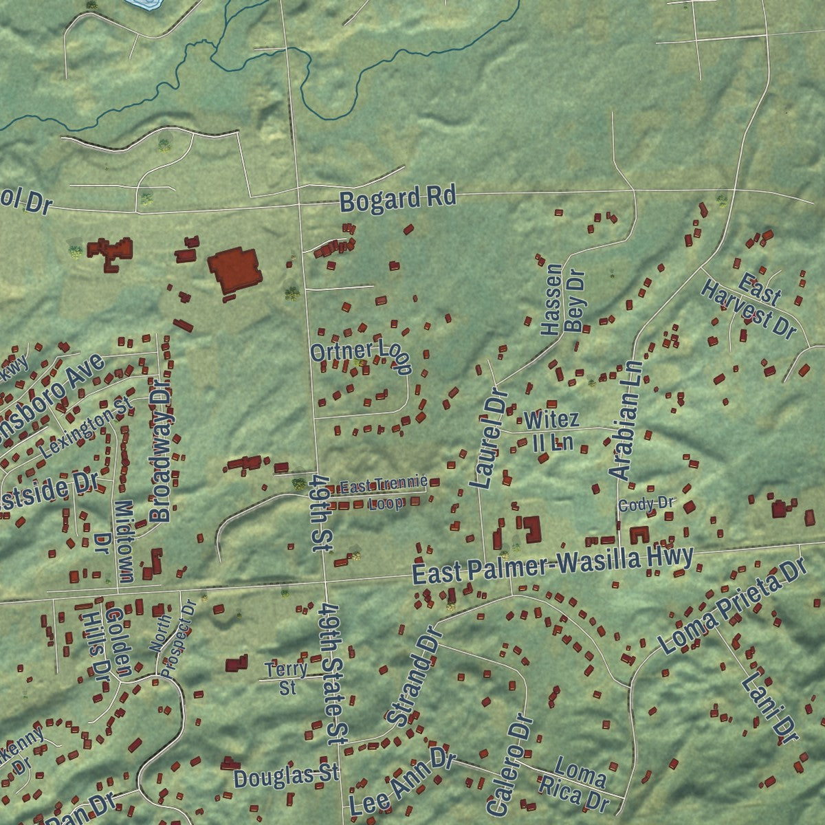 Close-up of the map of Gateway, Alaska print showing street and building detail