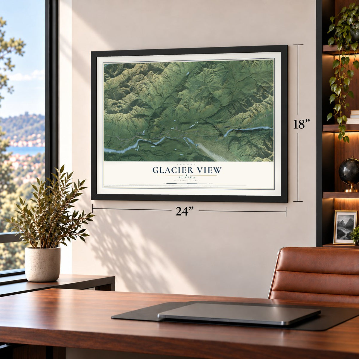 Glacier View, Alaska map, 18 x 24 inch print in a black frame in a home office