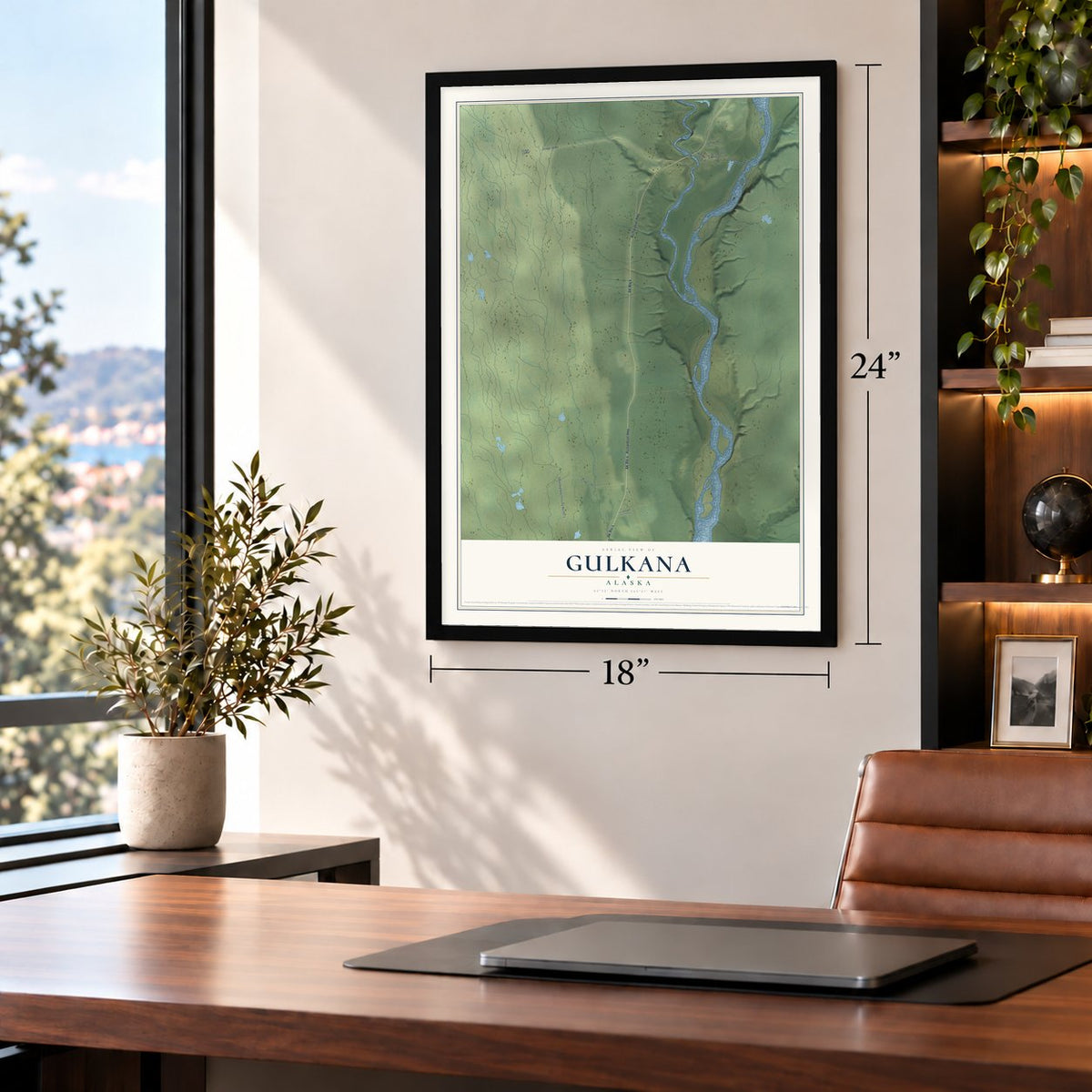 Gulkana, Alaska map, 18 x 24 inch print in a black frame in a home office