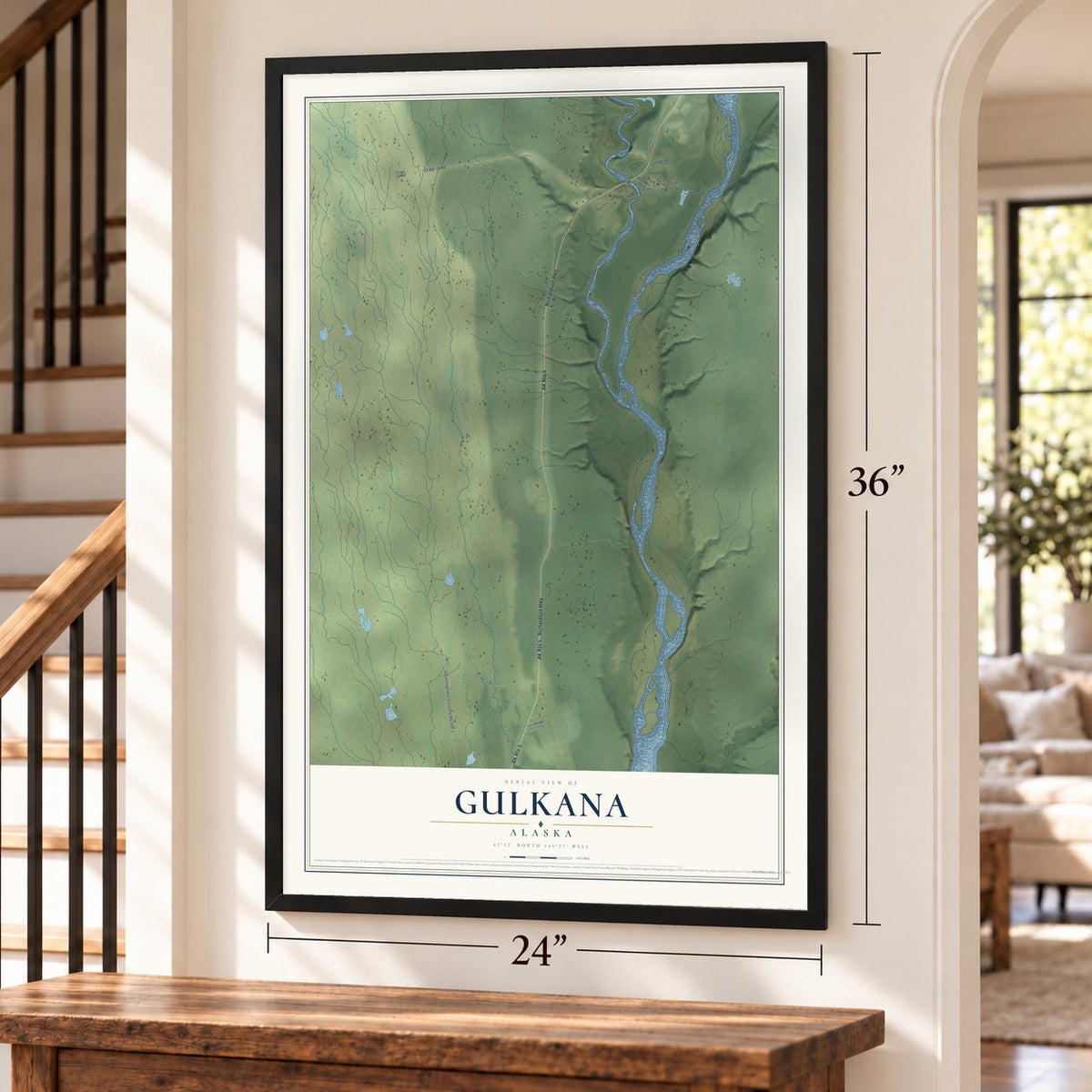 Gulkana, Alaska map, 24 x 36 inch print in a black frame by a staircase