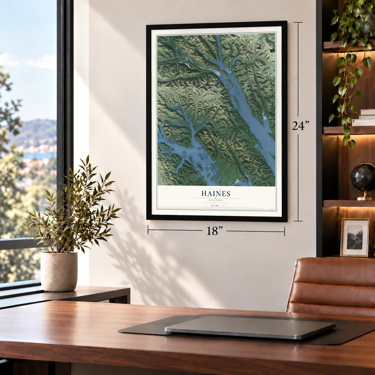 Haines, Alaska map, 18 x 24 inch print in a black frame in a home office