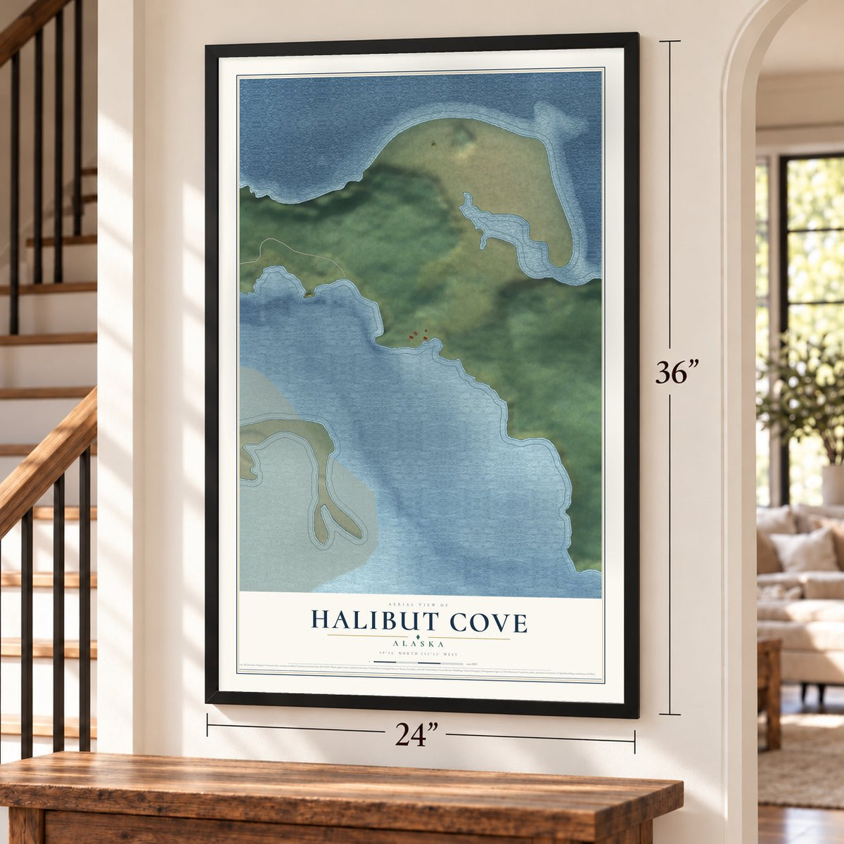 Halibut Cove, Alaska map, 24 x 36 inch print in a black frame by a staircase