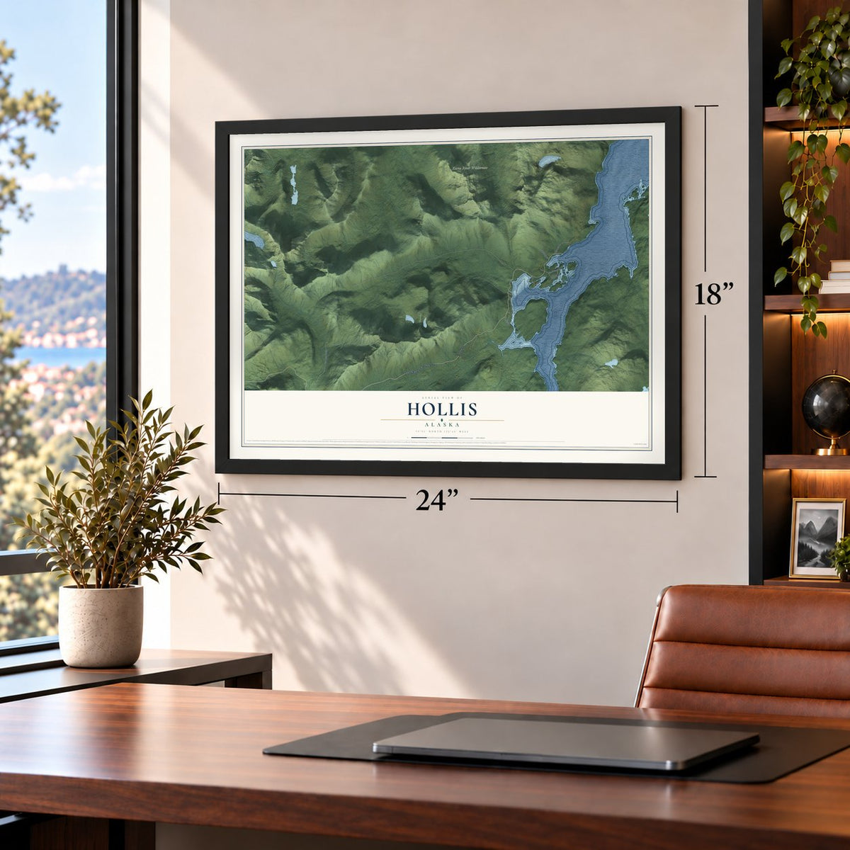 Hollis, Alaska map, 18 x 24 inch print in a black frame in a home office